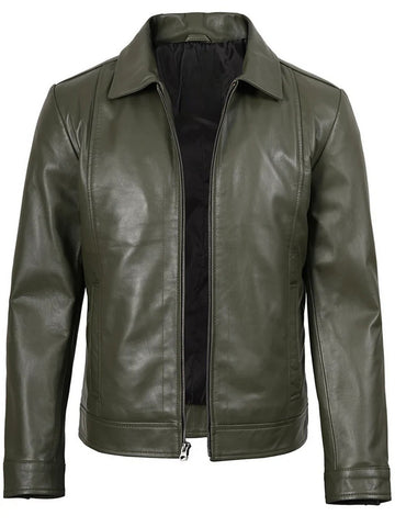 Men’s Olive Green Leather Jacket Front View