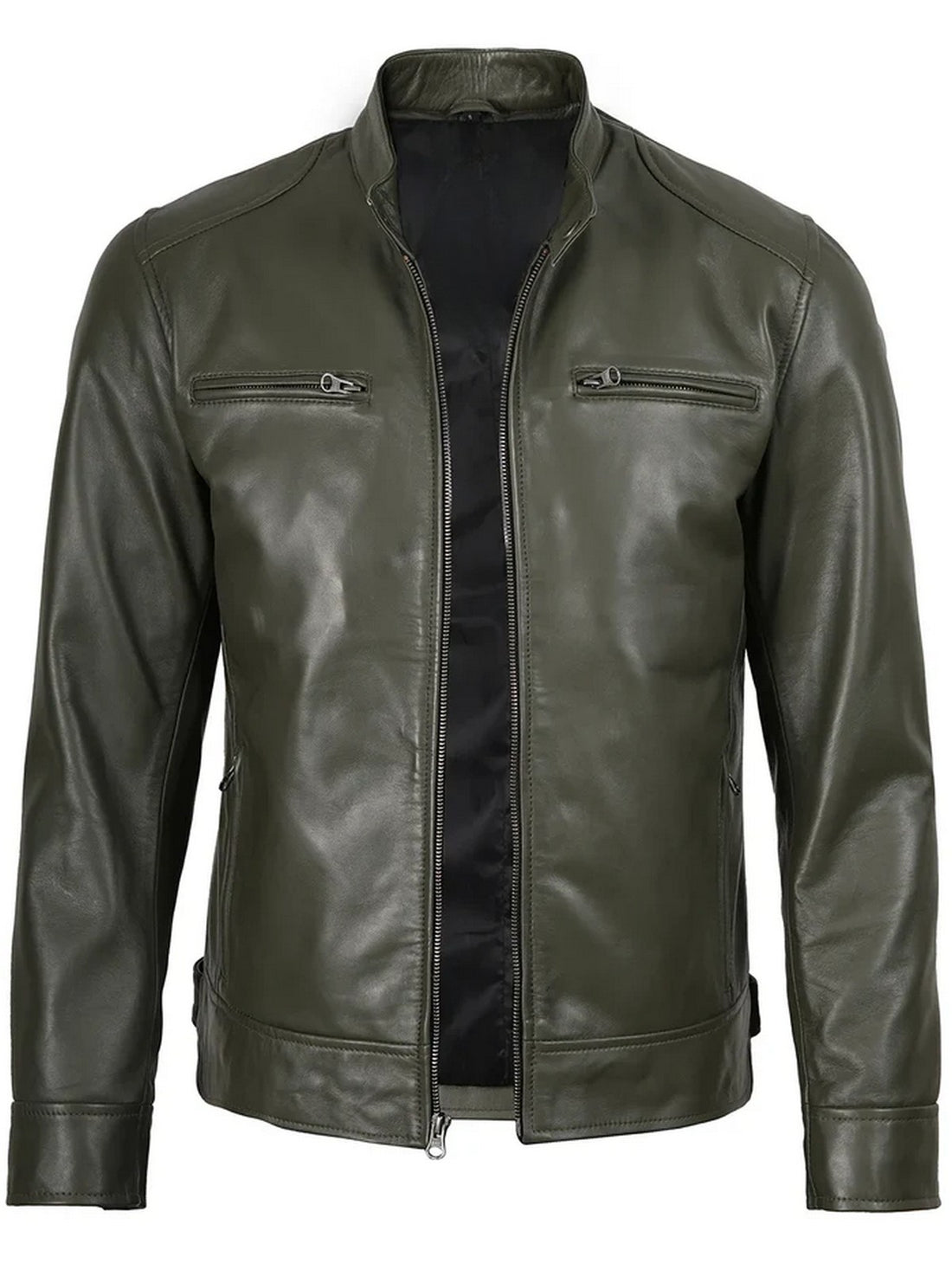 Men’s Olive Green Leather Jacket Slim Fit Front View