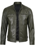 Men’s Olive Green Leather Jacket Slim Fit Front View