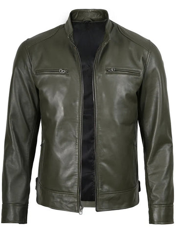 Men’s Olive Green Leather Jacket Slim Fit Front View