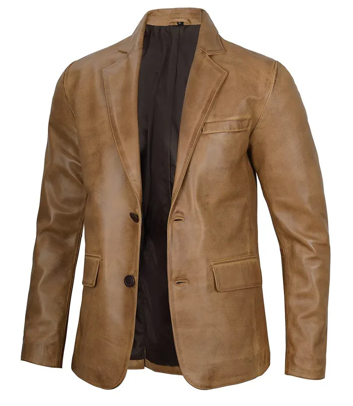 Slim Fit Camel Brown Leather Blazer – Side Angle