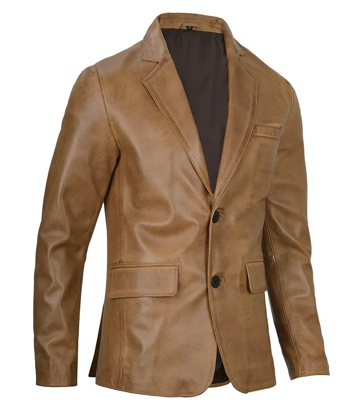 Slim Fit Camel Brown Leather Blazer – Side Angle