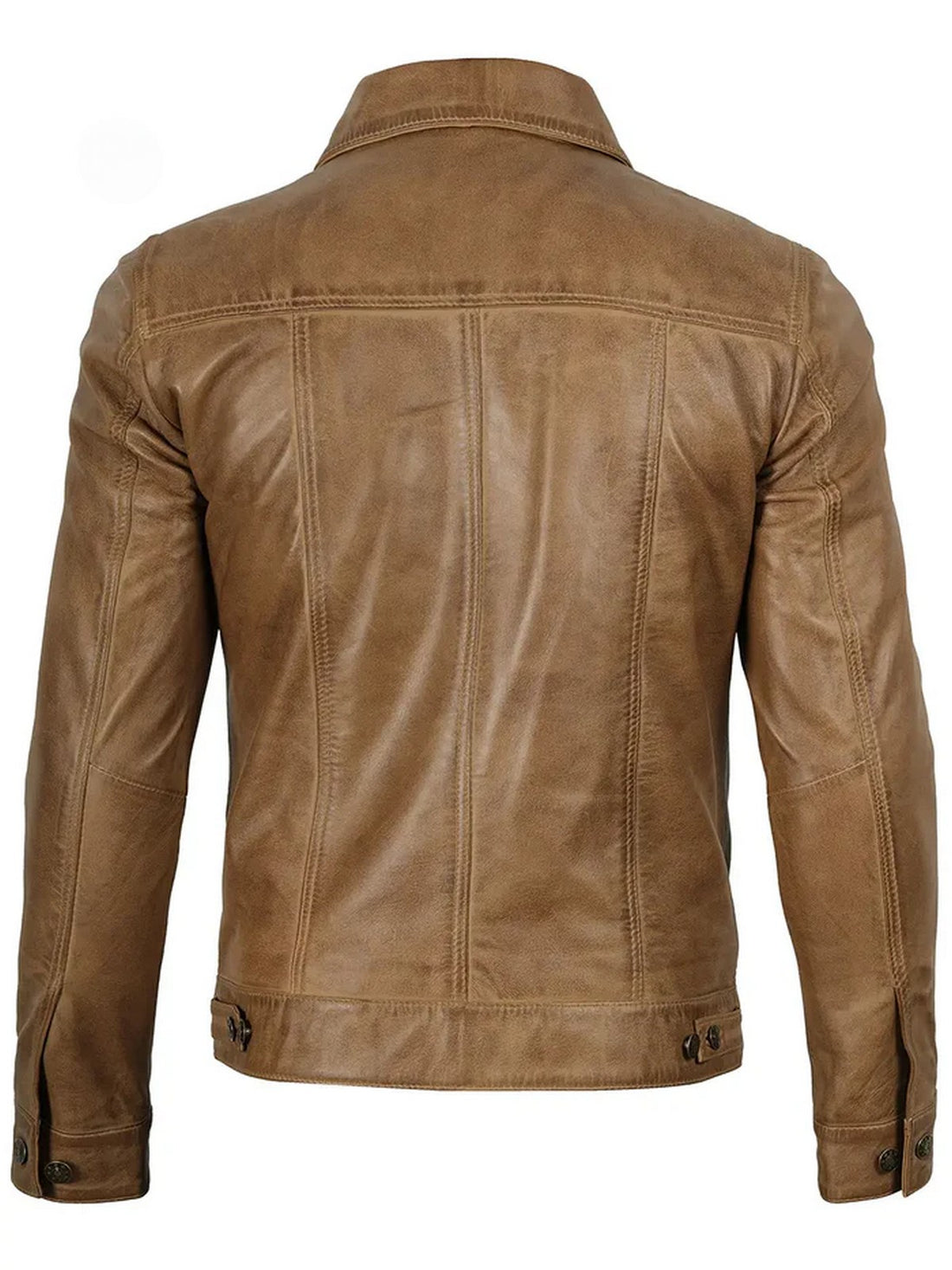 Men’s camel leather jacket front view in tan brown, slim fit, premium quality by Livra Jackets.