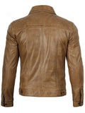 Back view of men’s tan brown camel leather jacket with slim fit and natural texture.