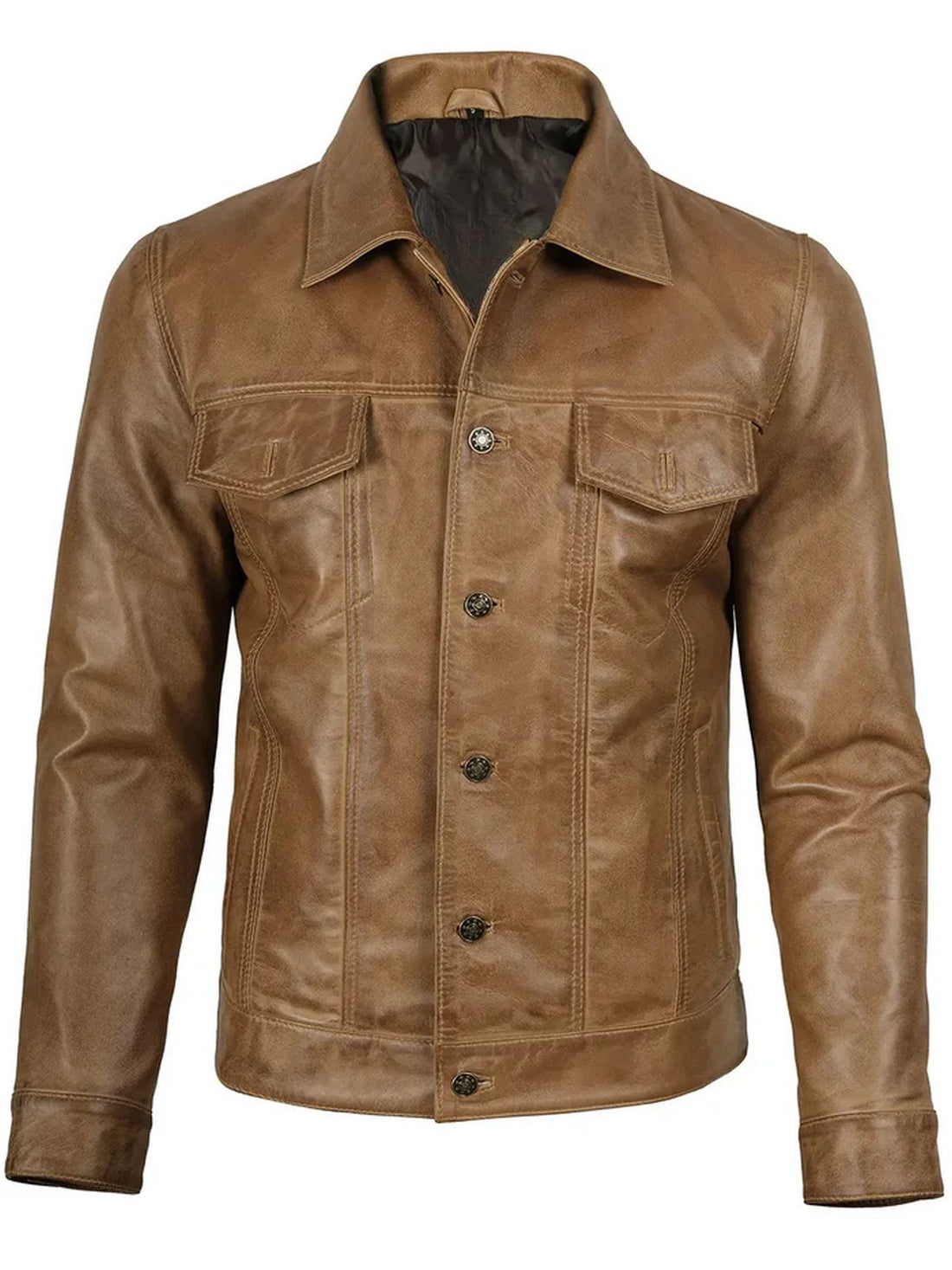 Men’s camel leather jacket front view in tan brown, slim fit, premium quality by Livra Jackets.
