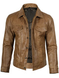 Side angle of men’s tan brown camel leather jacket with zipper and pocket details.