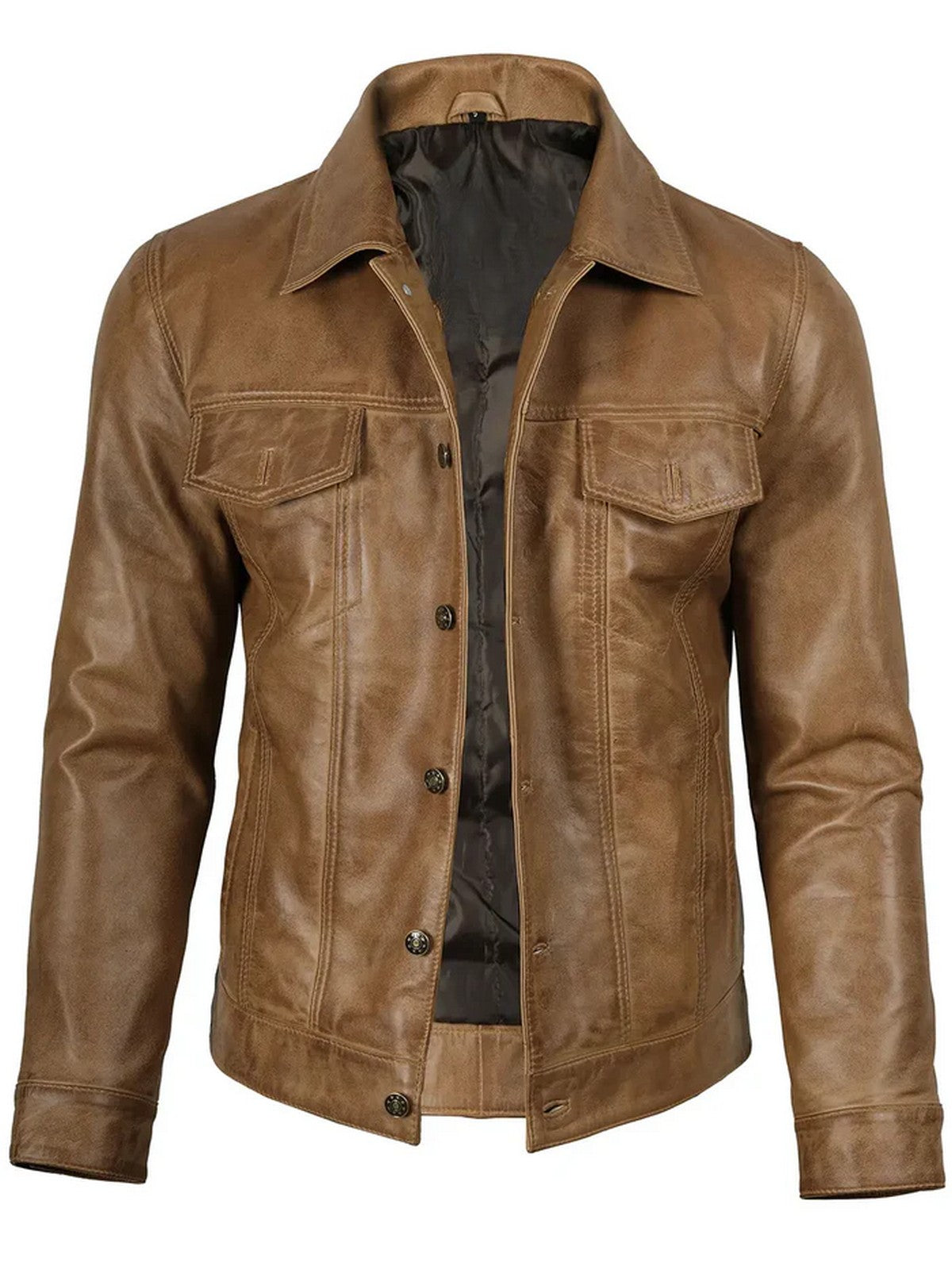 Side angle of men’s tan brown camel leather jacket with zipper and pocket details.