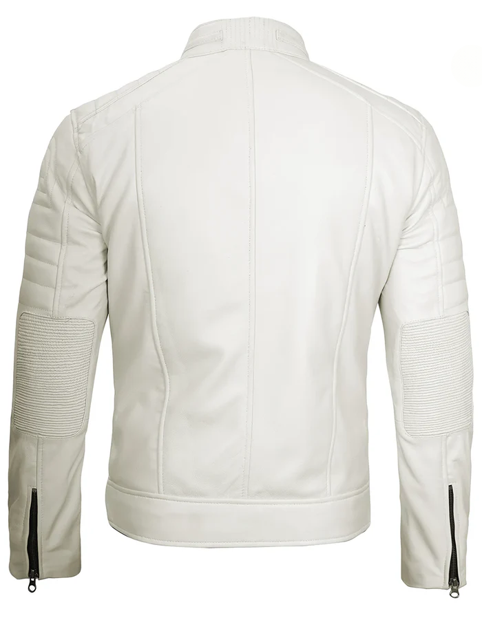 Men’s white café racer leather jacket front view, premium lambskin leather, Livra Jackets.
