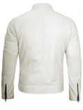 Back view of men’s white café racer leather jacket with slim fit and detailed stitching.