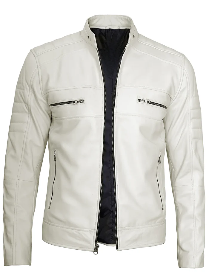 Men’s white café racer leather jacket front view, premium lambskin leather, Livra Jackets.