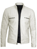 Men’s white café racer leather jacket front view, premium lambskin leather, Livra Jackets.