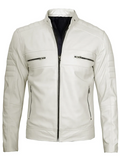  Side angle of men’s white café racer leather jacket with zipper and modern slim fit.