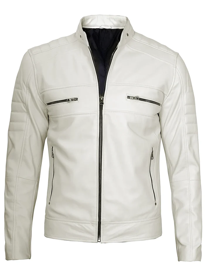  Side angle of men’s white café racer leather jacket with zipper and modern slim fit.