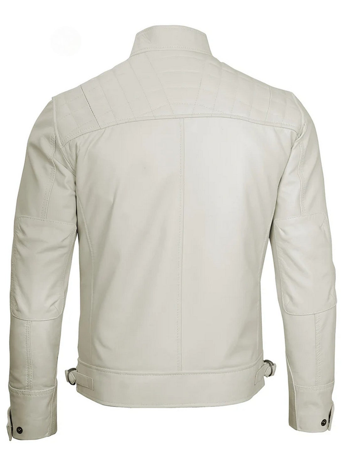  Men’s white leather jacket front view with zipper and pocket design, slim fit style.