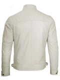 Back view of men’s white leather jacket, slim fit with clean stitching, Livra Jackets.