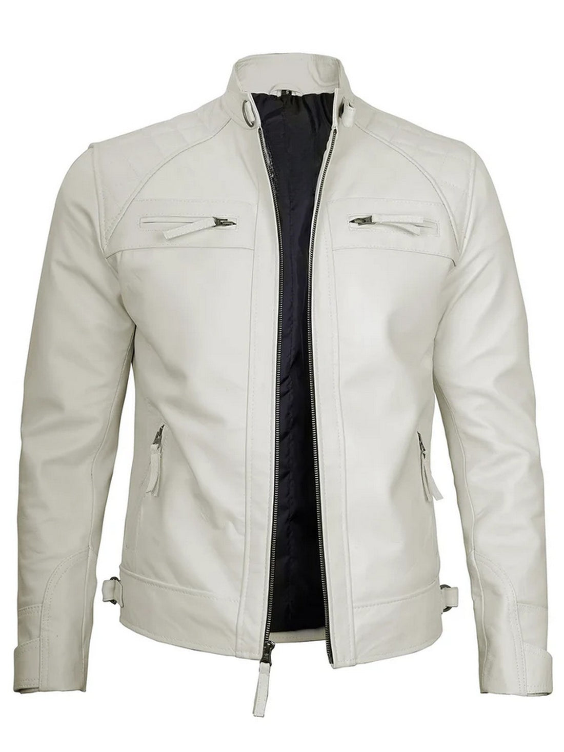  Men’s white leather jacket front view with zipper and pocket design, slim fit style.