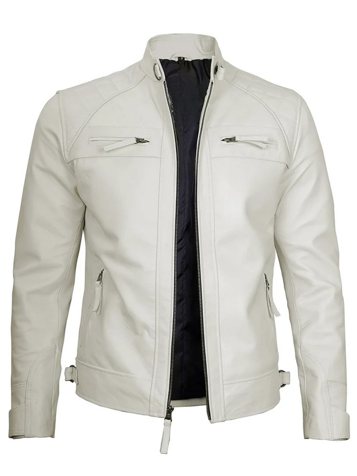  Men’s white leather jacket front view with zipper and pocket design, slim fit style.