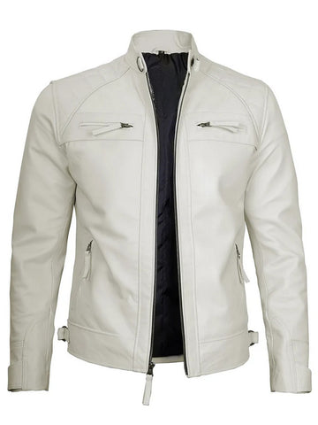  Men’s white leather jacket front view with zipper and pocket design, slim fit style.
