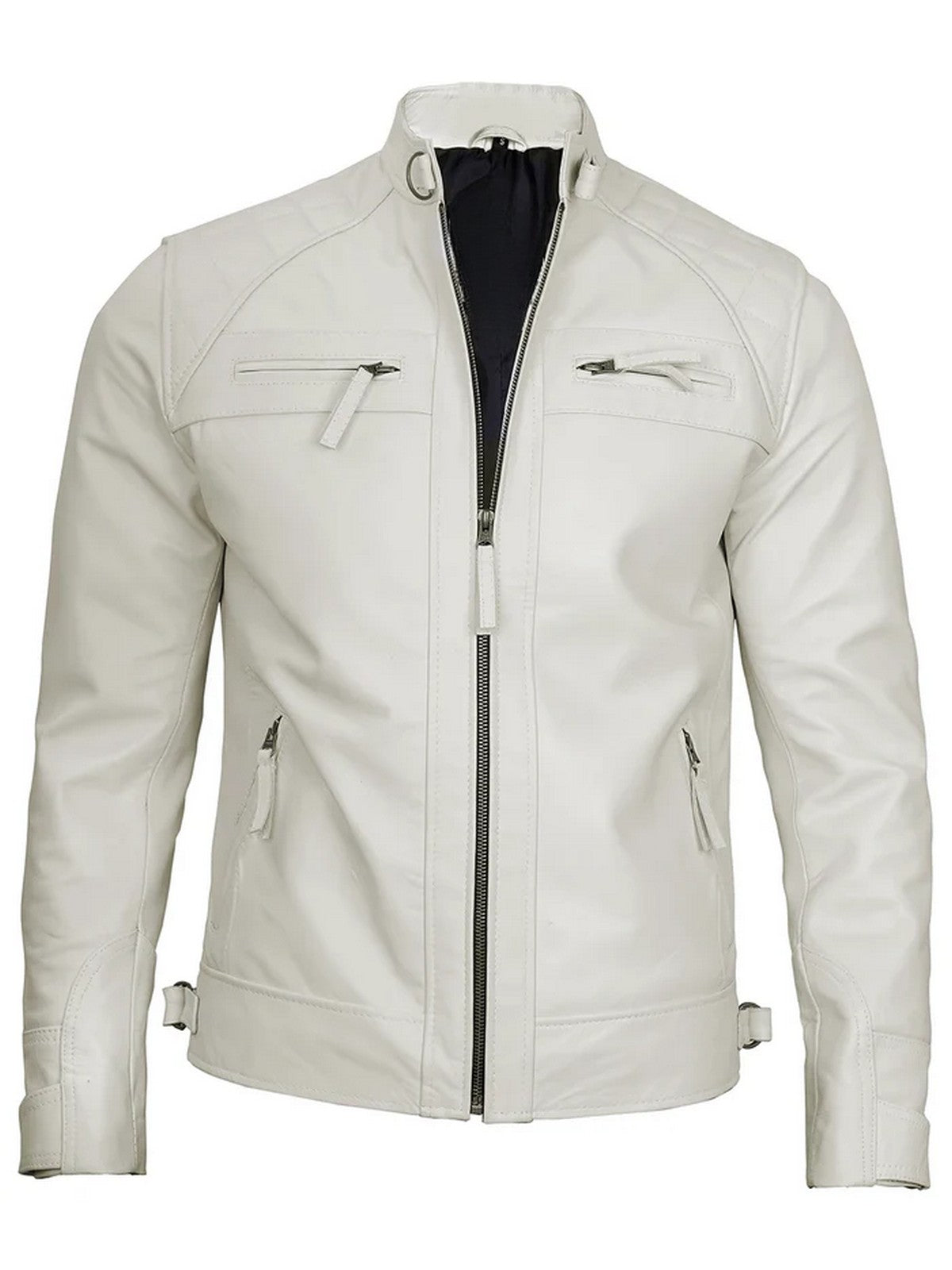 Men’s white leather jacket open-front style showing inner lining, Livra Jackets.