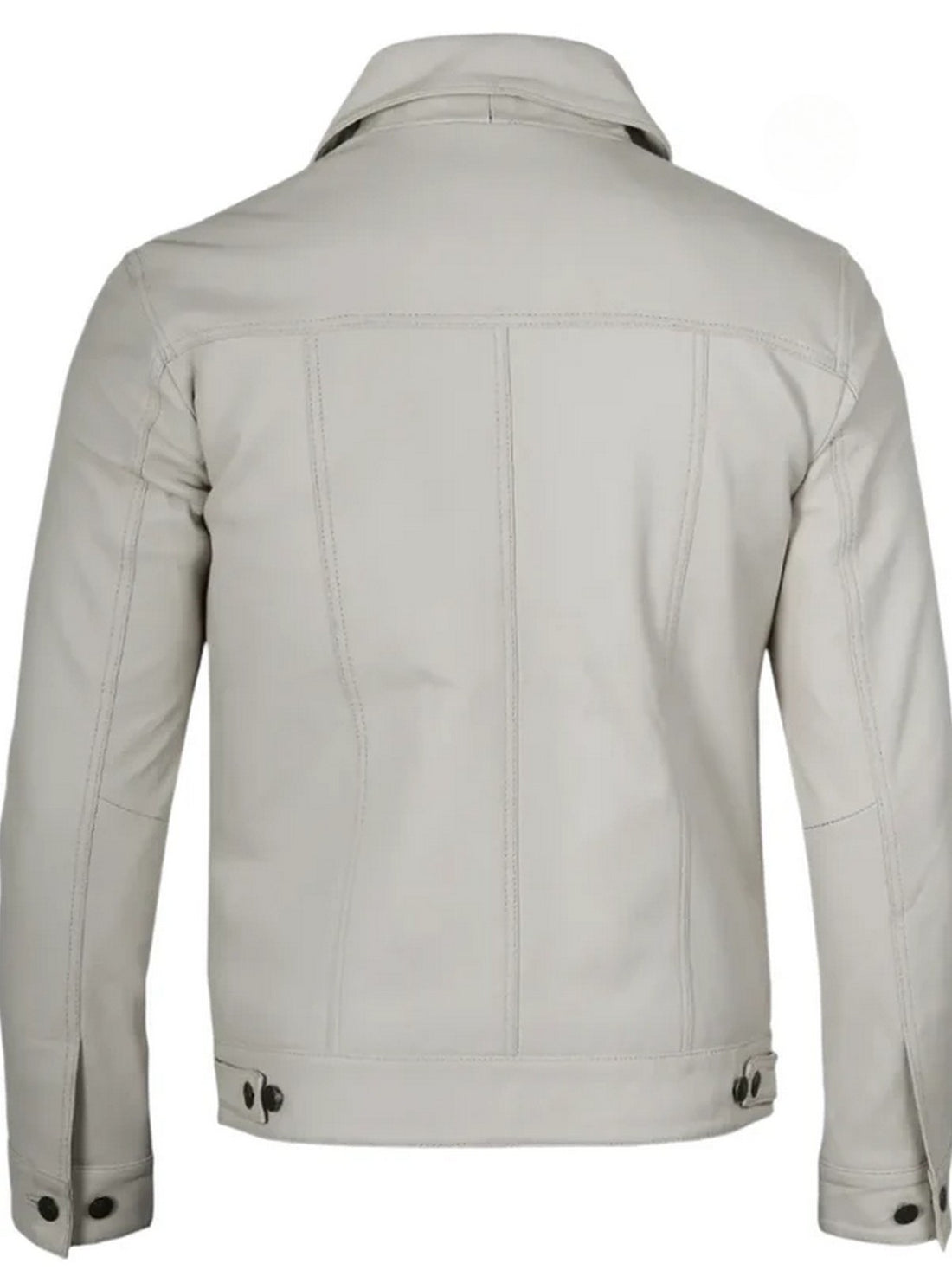 Men’s white trucker leather jacket front view – button-up classic design.