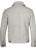 Men’s white leather jacket back view – trucker silhouette in premium leather.
