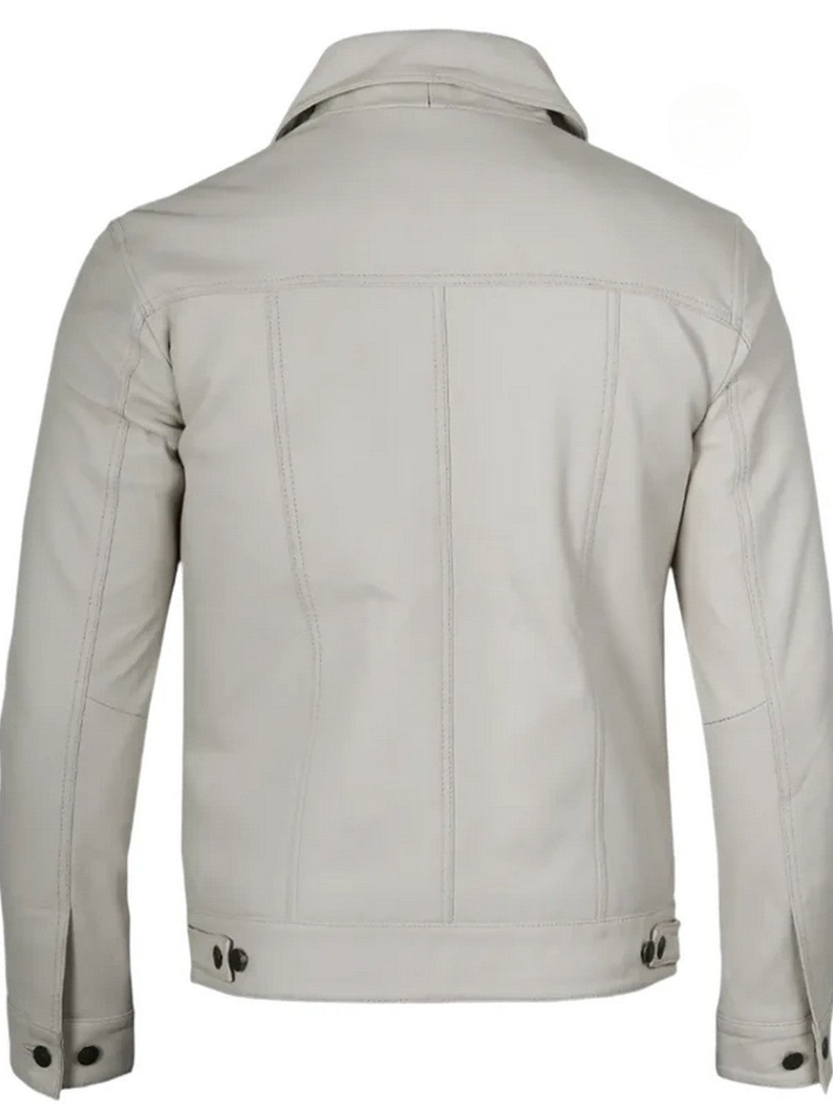 Men’s white leather jacket back view – trucker silhouette in premium leather.
