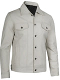 White trucker leather jacket with button closure and chest pockets.