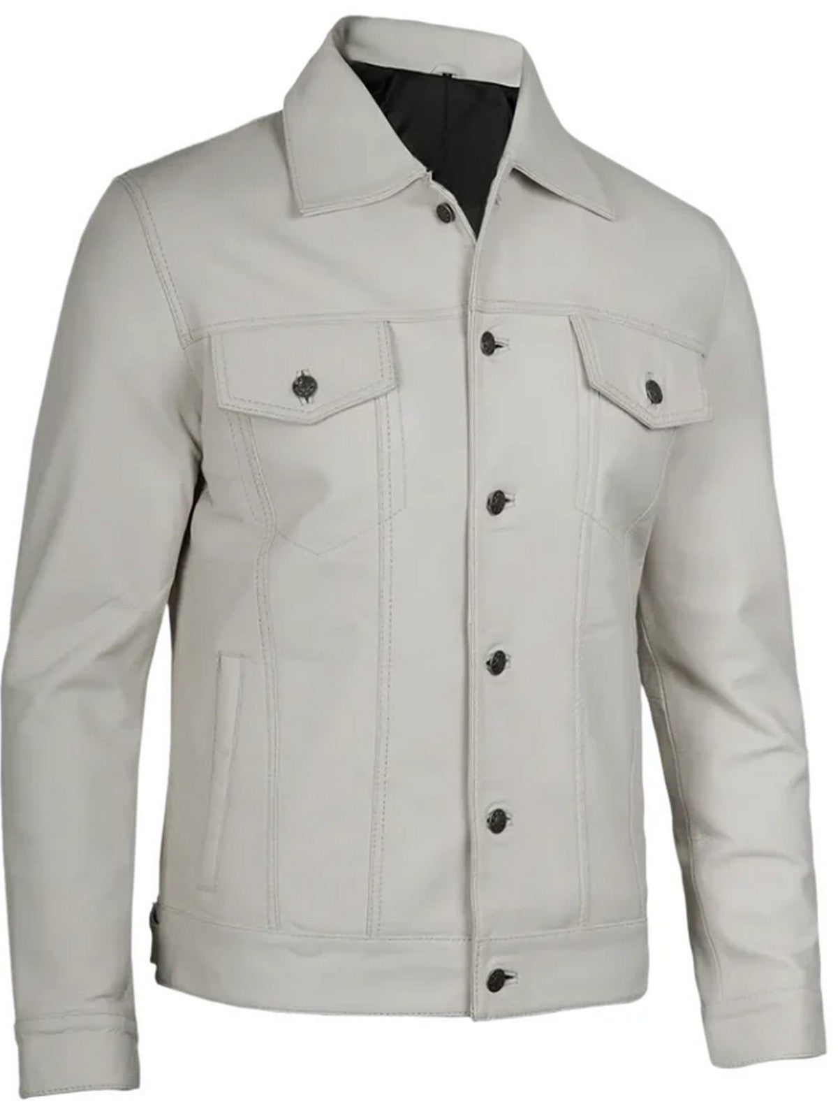 White trucker leather jacket with button closure and chest pockets.