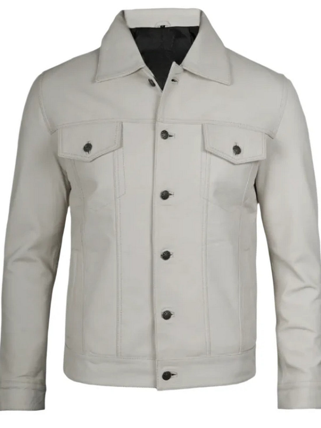Men’s white trucker leather jacket front view – button-up classic design.