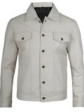 Men’s white trucker leather jacket front view – button-up classic design.