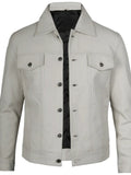 Stylish men’s white trucker jacket – luxury leather outerwear.
