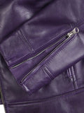 Purple Slim Fit Real Leather Café Racer Jacket for Women