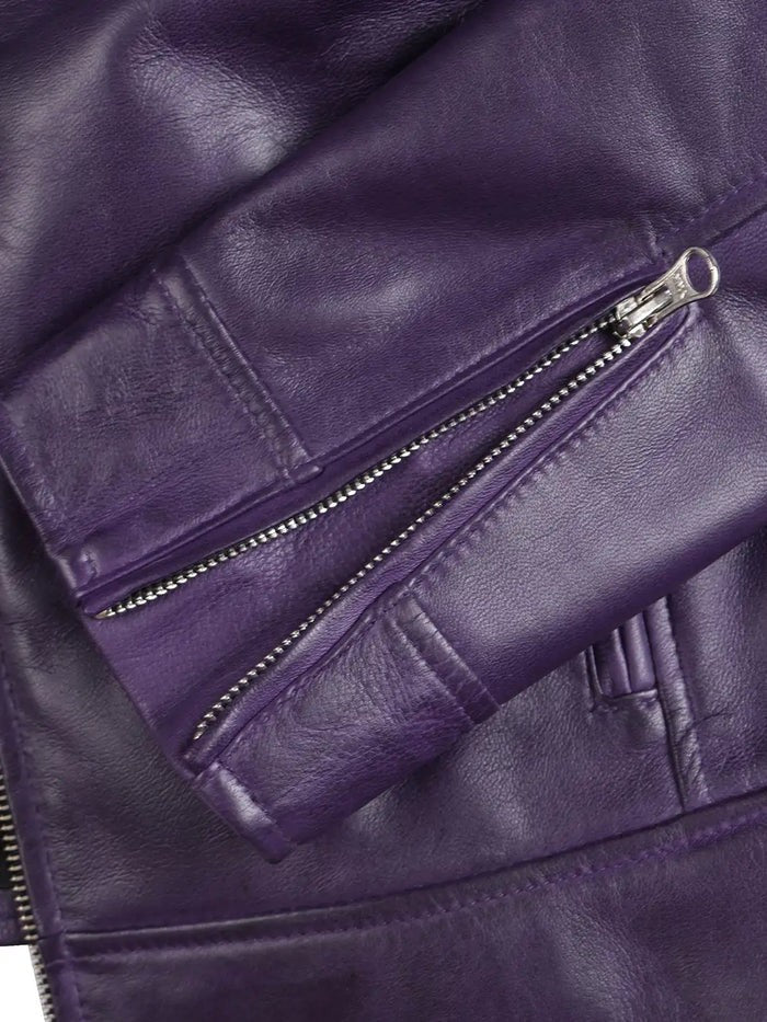 Purple Slim Fit Real Leather Café Racer Jacket for Women