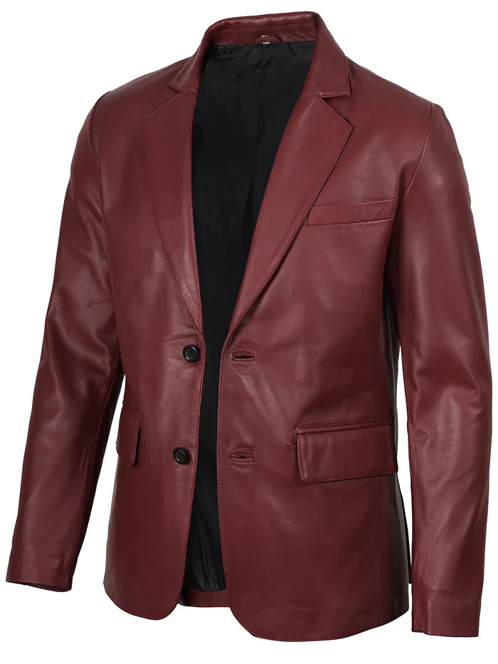 Side Angle – Men’s Burgundy Leather Blazer