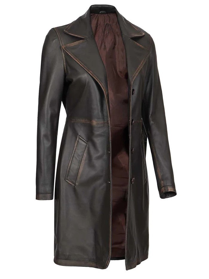 Side Angle of Women’s Brown Rub-Off Leather Car Coat