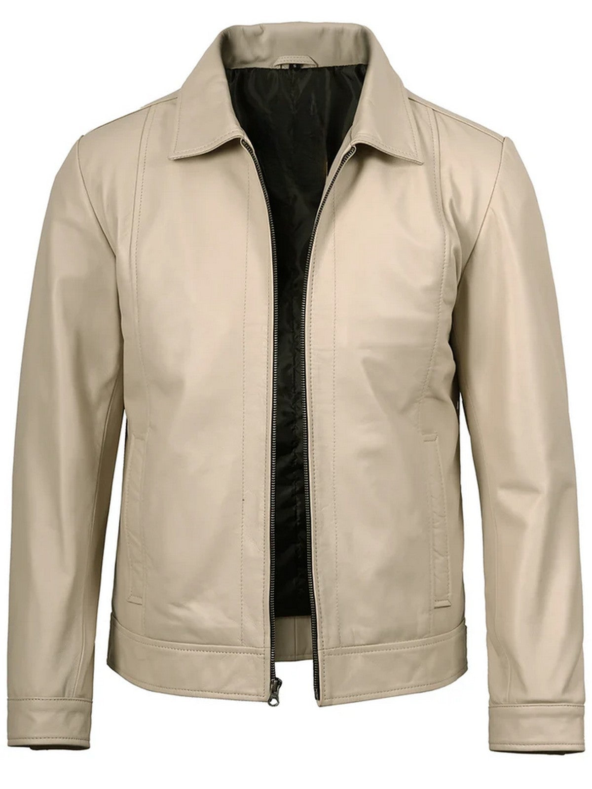 Slim Fit Beige Leather Jacket Classic Style