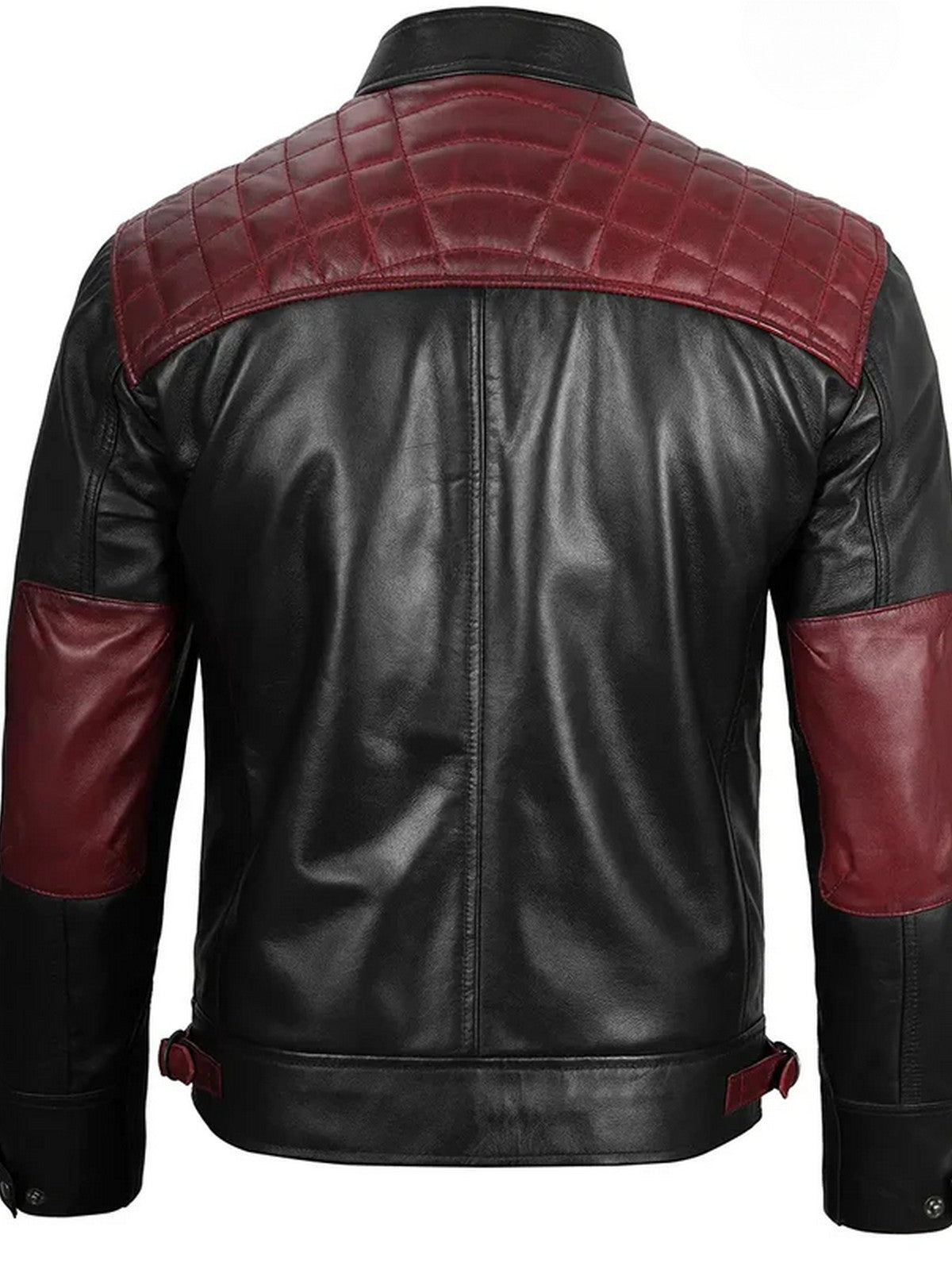 Slim Fit Black Leather Jacket with Red Accents Back View