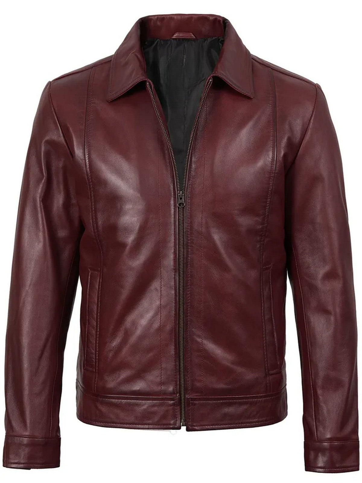 Slim Fit Maroon Leather Jacket Classic Style