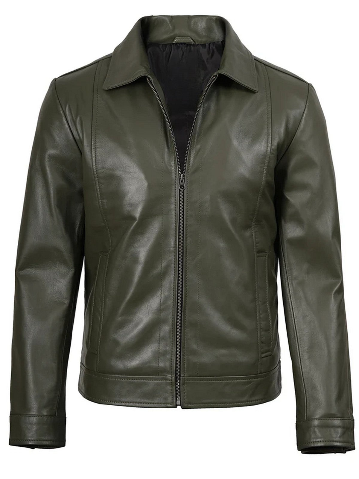 Slim Fit Olive Green Leather Jacket Classic Style