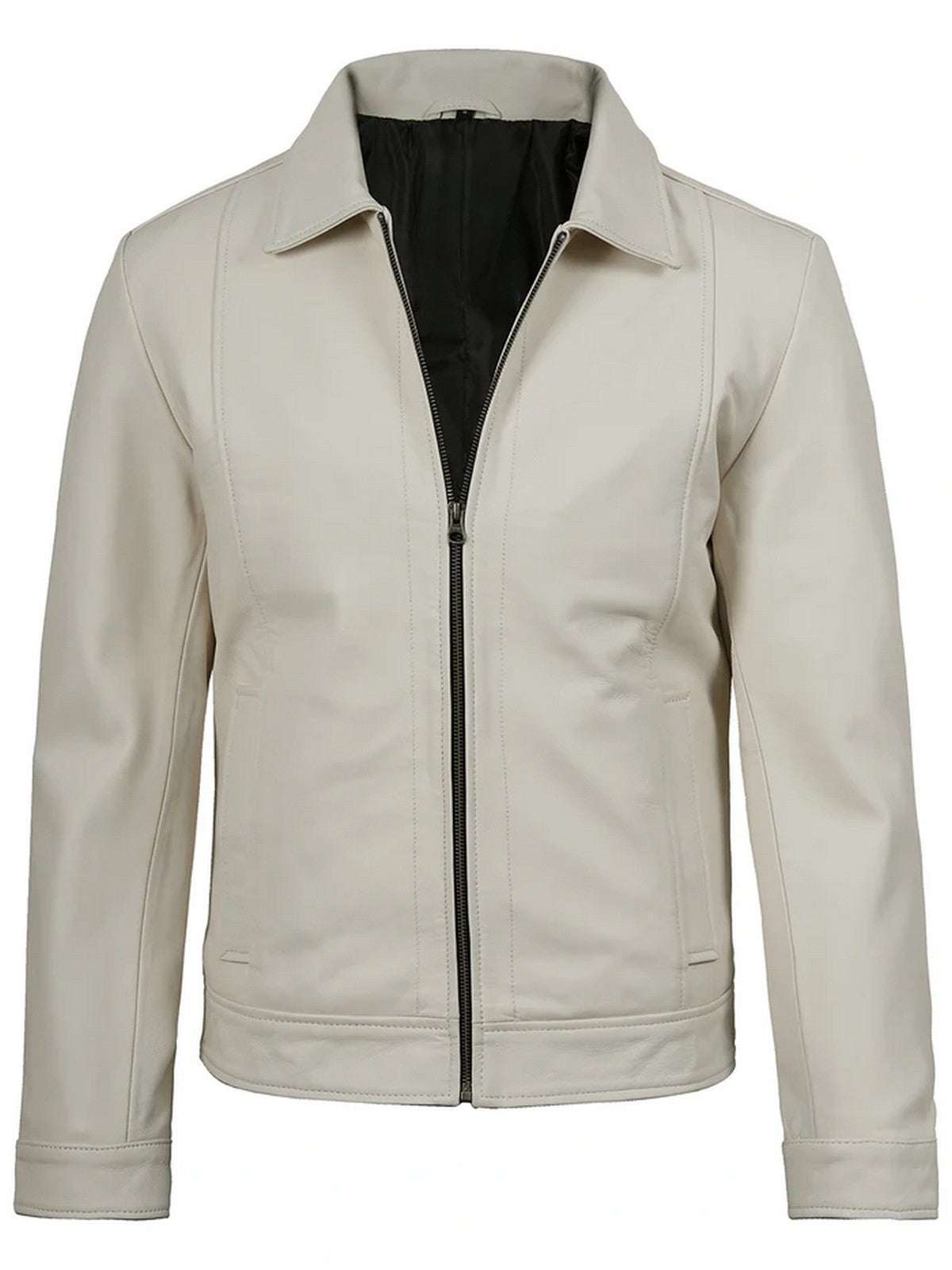 Slim Fit White Leather Jacket Classic Style