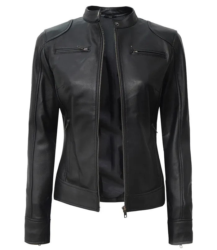 Slim Fit Black Café Racer Leather Jacket for Women