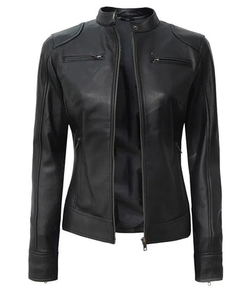 Slim Fit Black Café Racer Leather Jacket for Women