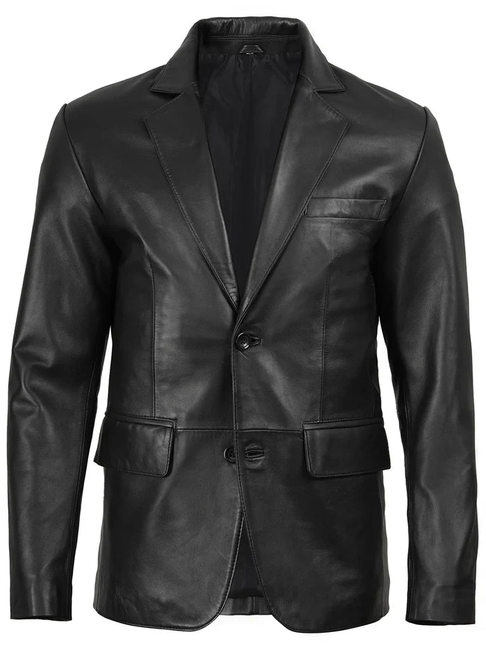 Stylish Men’s Black Leather Blazer – Notch Lapel Design