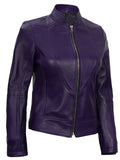 Stylish Purple Café Racer Leather Jacket Side Angle