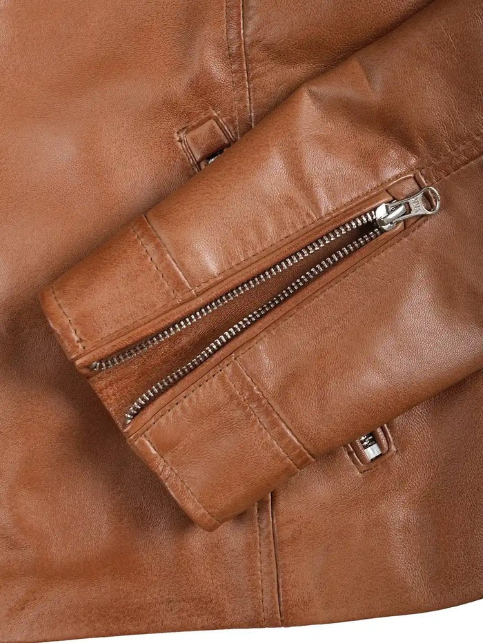 Premium Tan Leather Jacket with Zipper Sleeves