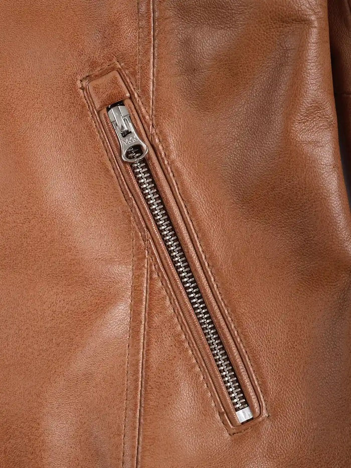 Premium Tan Leather Jacket with Zipper pocket