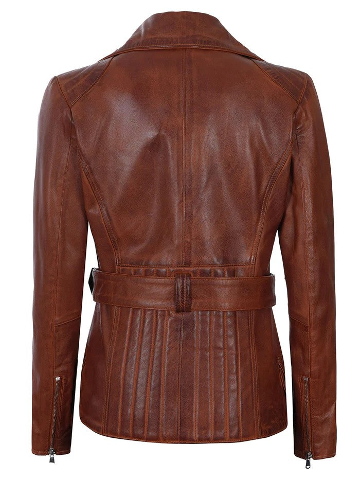 Women’s Cognac Brown Belted Biker Leather Jacket front view