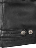 Adjustable waist straps on black biker jacket for women