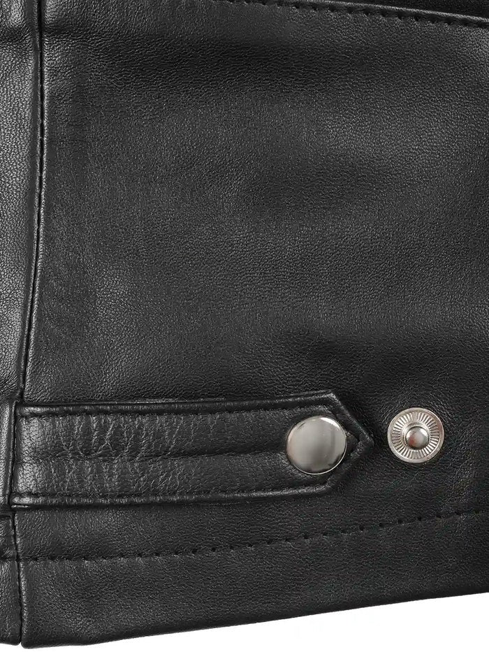 Adjustable waist straps on black biker jacket for women