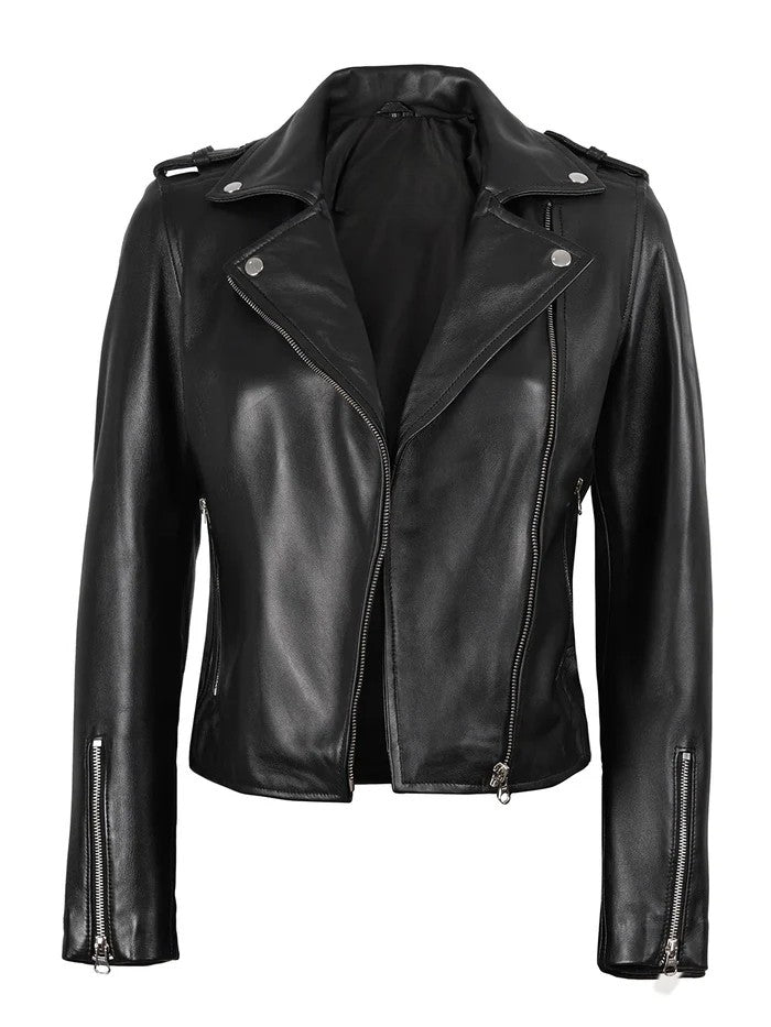 Women’s black asymmetrical biker leather jacket front open view
